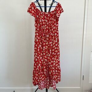 Indigo Rose Off the Shoulder Chic Red Floral Midi Dress